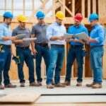 A group of contractors discussing house flip plans and inspecting properties
