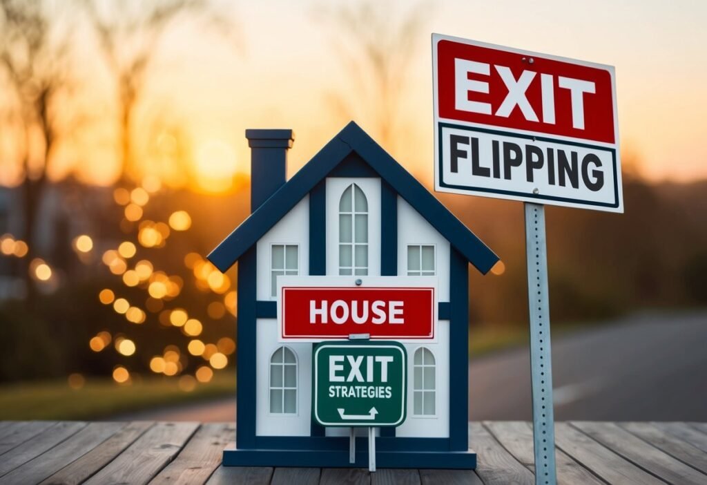 A house flipping sign is flipped to reveal different exit strategies