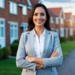 A female real estate investor surrounded by houses representing her success using the BRRRR method to build a profitable rental property portfolio.