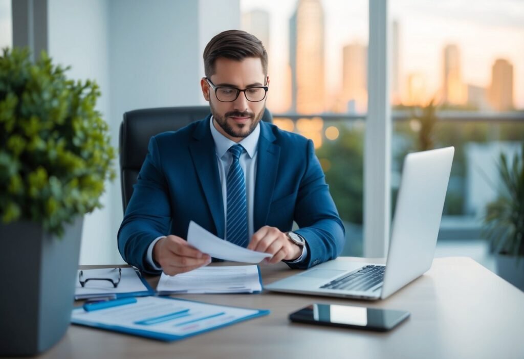 A property manager reviewing financial documents and background checks for potential tenants