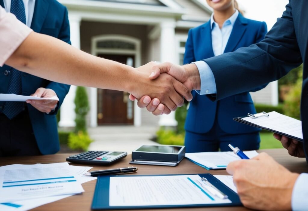 Buyer and seller shaking hands in front of a house, surrounded by real estate agents and paperwork
