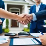 Buyer and seller shaking hands in front of a house, surrounded by real estate agents and paperwork