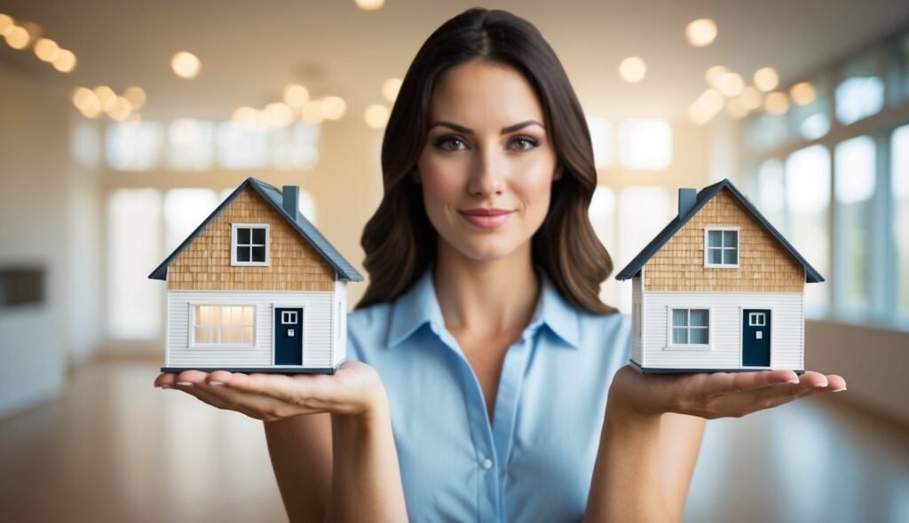 A pretty female investor holding a house in each hand, trying to decide the difference between a foreclosure and a short sale investment.