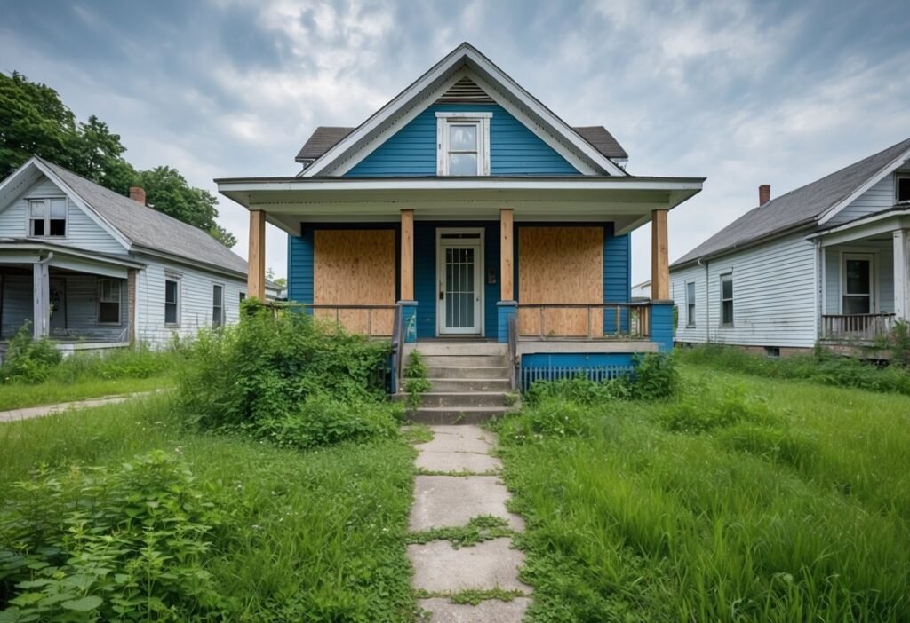 A dilapidated house with boarded-up windows and overgrown yard, surrounded by other abandoned properties