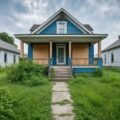 A dilapidated house with boarded-up windows and overgrown yard, surrounded by other abandoned properties