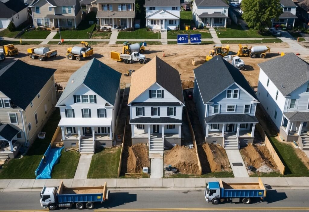 Aerial view of houses, some under renovation, others with "for sale" signs. Trucks and construction equipment line the streets