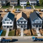 Aerial view of houses, some under renovation, others with "for sale" signs. Trucks and construction equipment line the streets