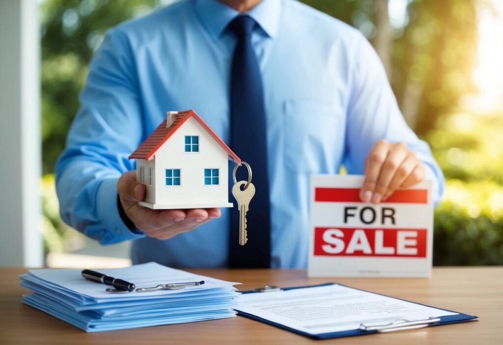 A real estate agent presenting a house key to a potential buyer, surrounded by a stack of paperwork and a "For Sale" sign