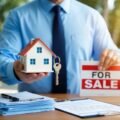 A real estate agent presenting a house key to a potential buyer, surrounded by a stack of paperwork and a "For Sale" sign