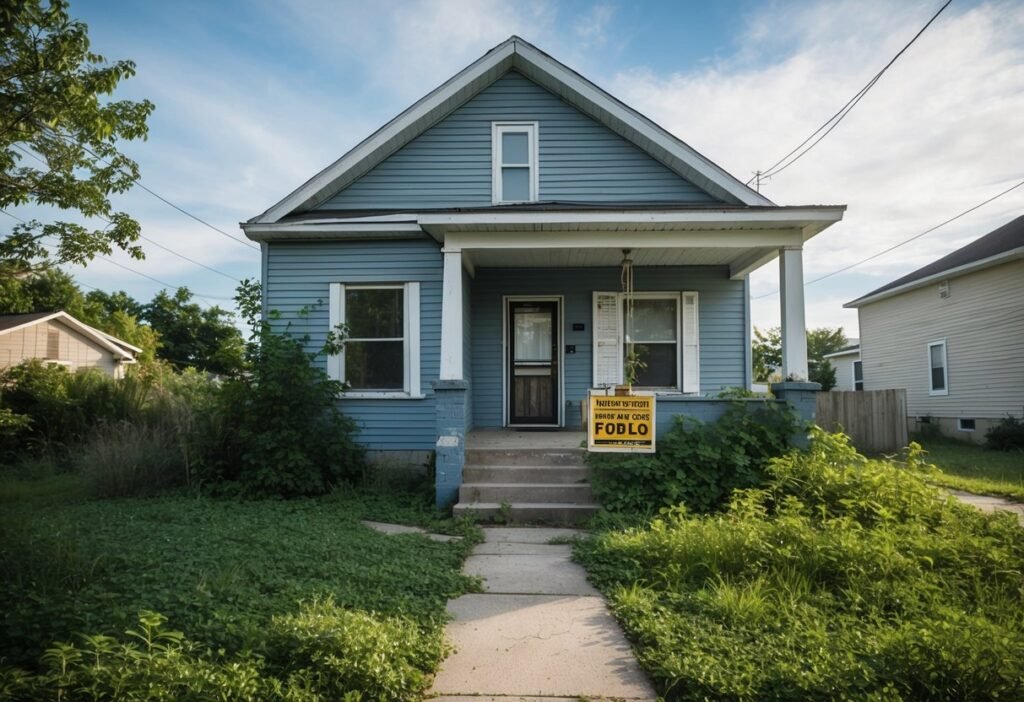 A dilapidated house with overgrown yard and foreclosure notice on the door