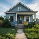 A dilapidated house with overgrown yard and foreclosure notice on the door