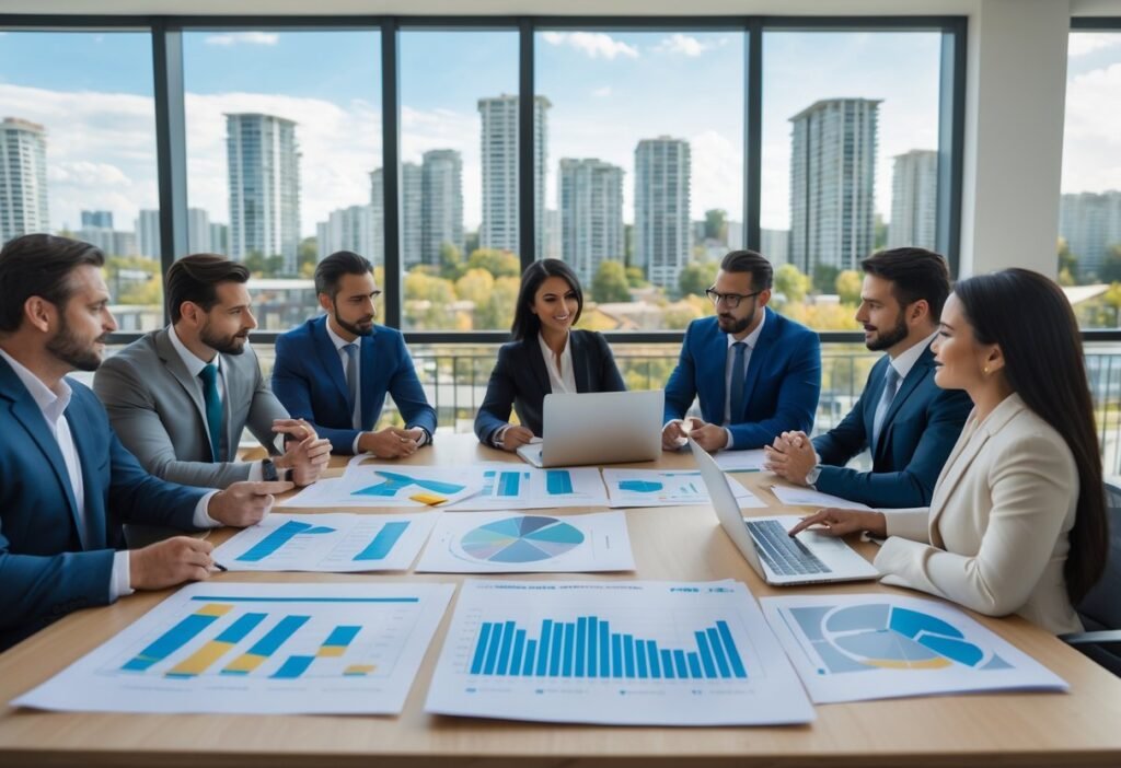 A group of real estate professionals discussing property plans and financial charts around a conference table in an office.