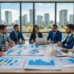 A group of real estate professionals discussing property plans and financial charts around a conference table in an office.