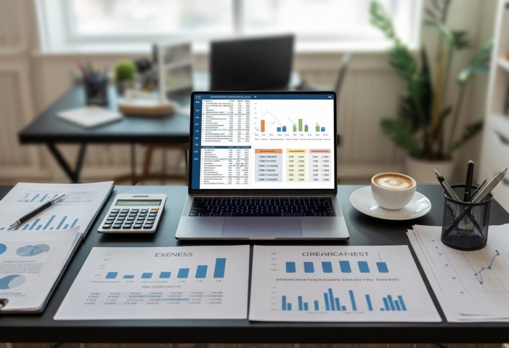 A workspace with a laptop, calculator, documents, and charts showing real estate expense analysis on a desk.