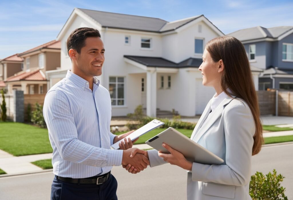Two people shaking hands outside a renovated house in a suburban neighborhood, symbolizing a real estate investment partnership.