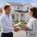 Two people shaking hands outside a renovated house in a suburban neighborhood, symbolizing a real estate investment partnership.