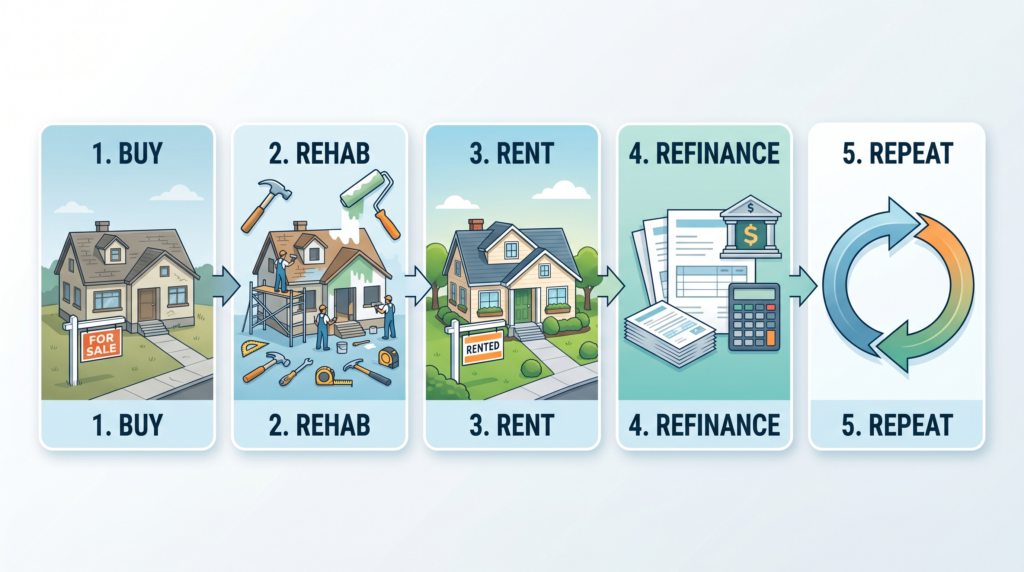 A professional visual sequence illustrating the BRRRR real estate investment cycle. Transform the scene into five distinct, connected stages: first, the "Buy" phase showing a modest house; second, "Rehab" featuring renovation tools and fresh paint; third, "Rent" depicting a charming, finished home with a "Rented" sign; fourth, "Refinance" represented by financial documents and a bank symbol; and fifth, "Repeat" shown as a large circular arrow looping back to the start. The composition should be clean and instructional, with a consistent architectural style and a modern business aesthetic.