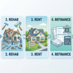 A professional visual sequence illustrating the BRRRR real estate investment cycle. Transform the scene into five distinct, connected stages: first, the "Buy" phase showing a modest house; second, "Rehab" featuring renovation tools and fresh paint; third, "Rent" depicting a charming, finished home with a "Rented" sign; fourth, "Refinance" represented by financial documents and a bank symbol; and fifth, "Repeat" shown as a large circular arrow looping back to the start. The composition should be clean and instructional, with a consistent architectural style and a modern business aesthetic.