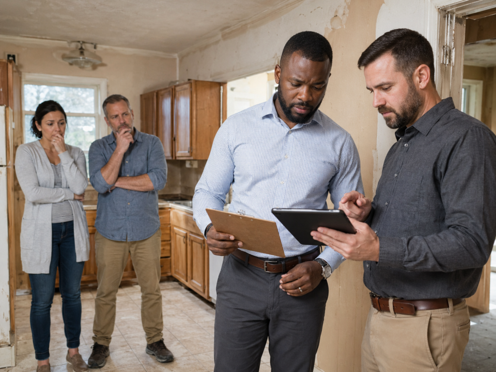 two real estate investors inspecting a pre-foreclosure home before making an offer. The sellers (husband and wife) are watching nervously as the investors decide what to do.