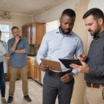 two real estate investors inspecting a pre-foreclosure home before making an offer. The sellers (husband and wife) are watching nervously as the investors decide what to do.