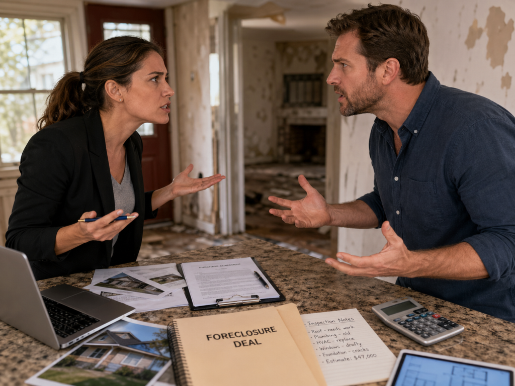 a female real estate investor and a male real estate investor fighting over a foreclosure deal