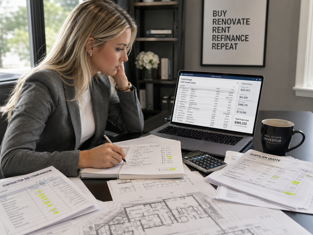 Real estate investor comparing duplex construction bids, site plans, supplier quotes, and rehab budgeting software on a laptop