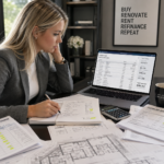 Real estate investor comparing duplex construction bids, site plans, supplier quotes, and rehab budgeting software on a laptop