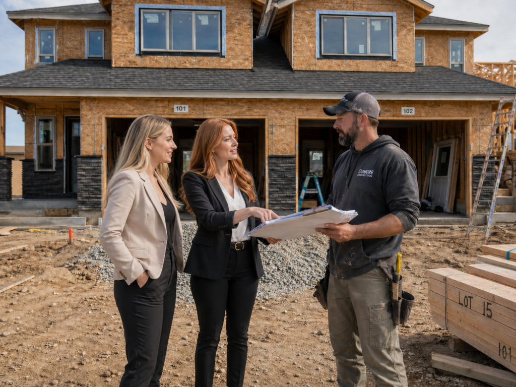 two young millennial female real estate investors talking with a male general contractor in front of a duplex home they are building