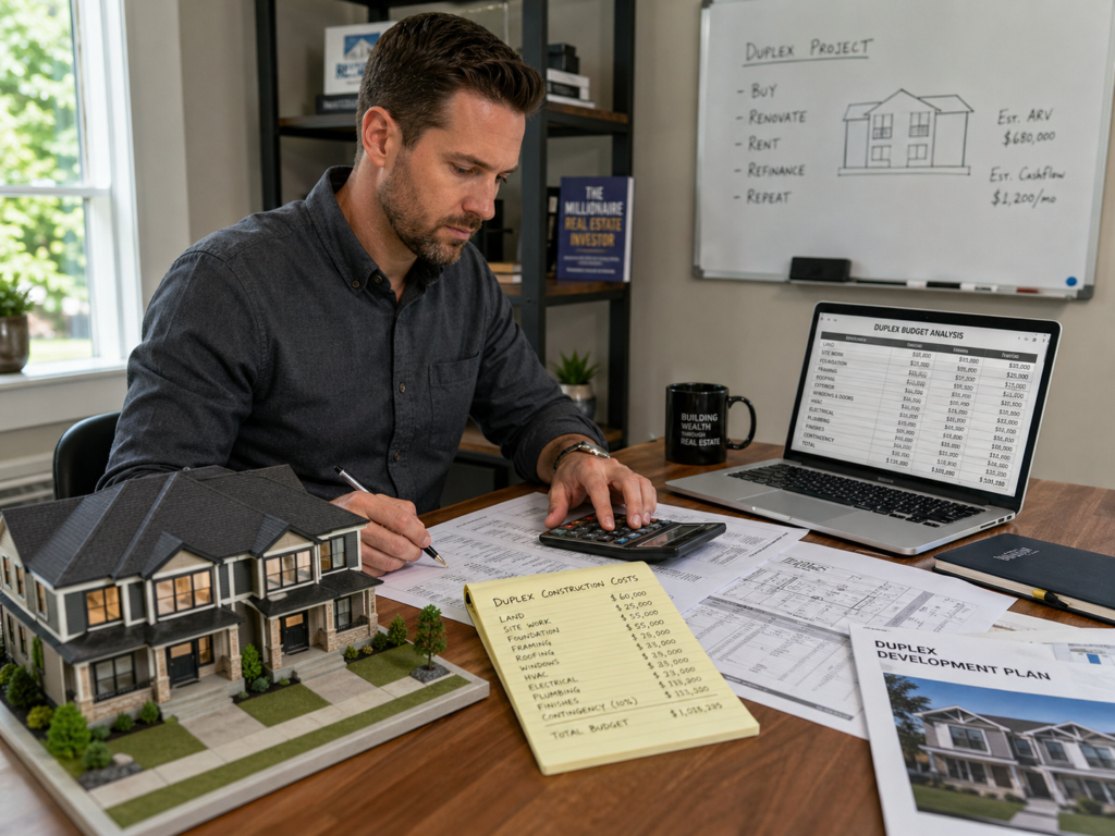 a male real estate investor working on a duplex construction budget in his home office. There is a model of the duplex house on his desk