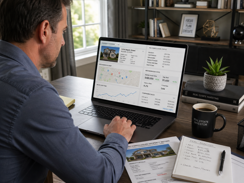 Investor reviewing pre-foreclosure property records and neighborhood data on a laptop.