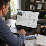 Investor reviewing pre-foreclosure property records and neighborhood data on a laptop.