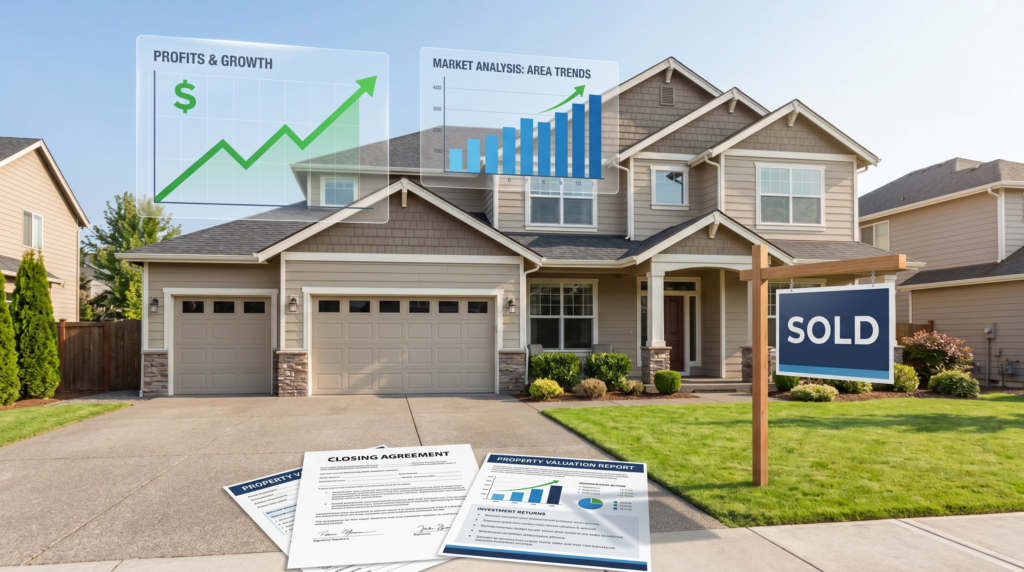 Transform the residential property into a successful investment scene by incorporating semi-transparent digital data overlays, market analysis charts, and a prominent "Sold" sign. Integrate elements of financial growth such as rising profit graphs and professional real estate documents into the composition. Use clean, bright lighting to shift the mood toward professional success and profitable real estate opportunities while maintaining the original architectural structure.