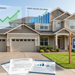 Transform the residential property into a successful investment scene by incorporating semi-transparent digital data overlays, market analysis charts, and a prominent "Sold" sign. Integrate elements of financial growth such as rising profit graphs and professional real estate documents into the composition. Use clean, bright lighting to shift the mood toward professional success and profitable real estate opportunities while maintaining the original architectural structure.