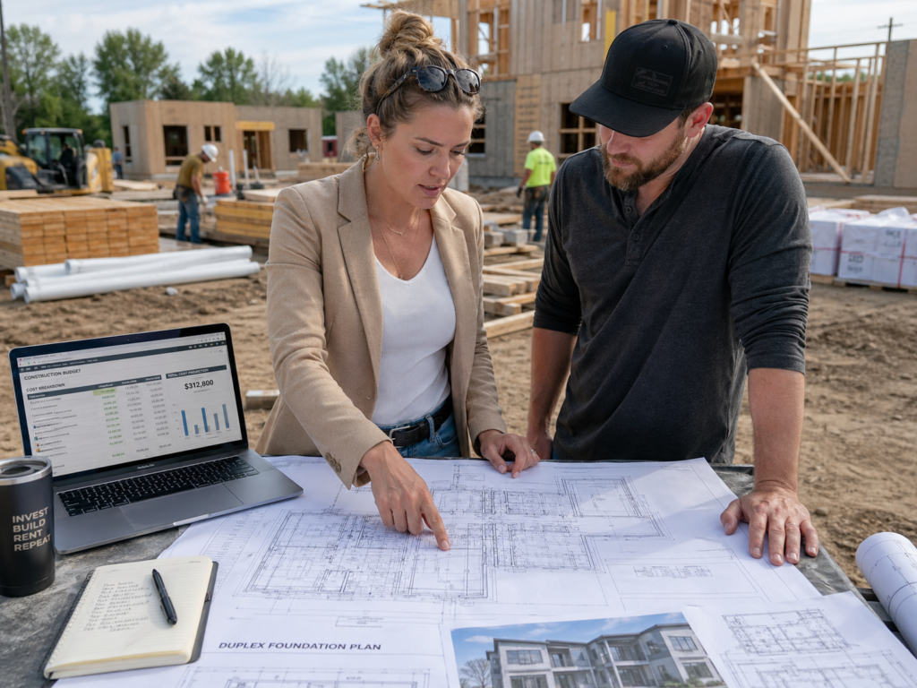 A millennial female real estate investor reviewing duplex foundation plans, construction budget software, and new construction rental drawings with her partner in front of a job site. There are construction workers and material in the background.