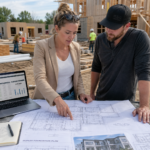 A millennial female real estate investor reviewing duplex foundation plans, construction budget software, and new construction rental drawings with her partner in front of a job site. There are construction workers and material in the background.
