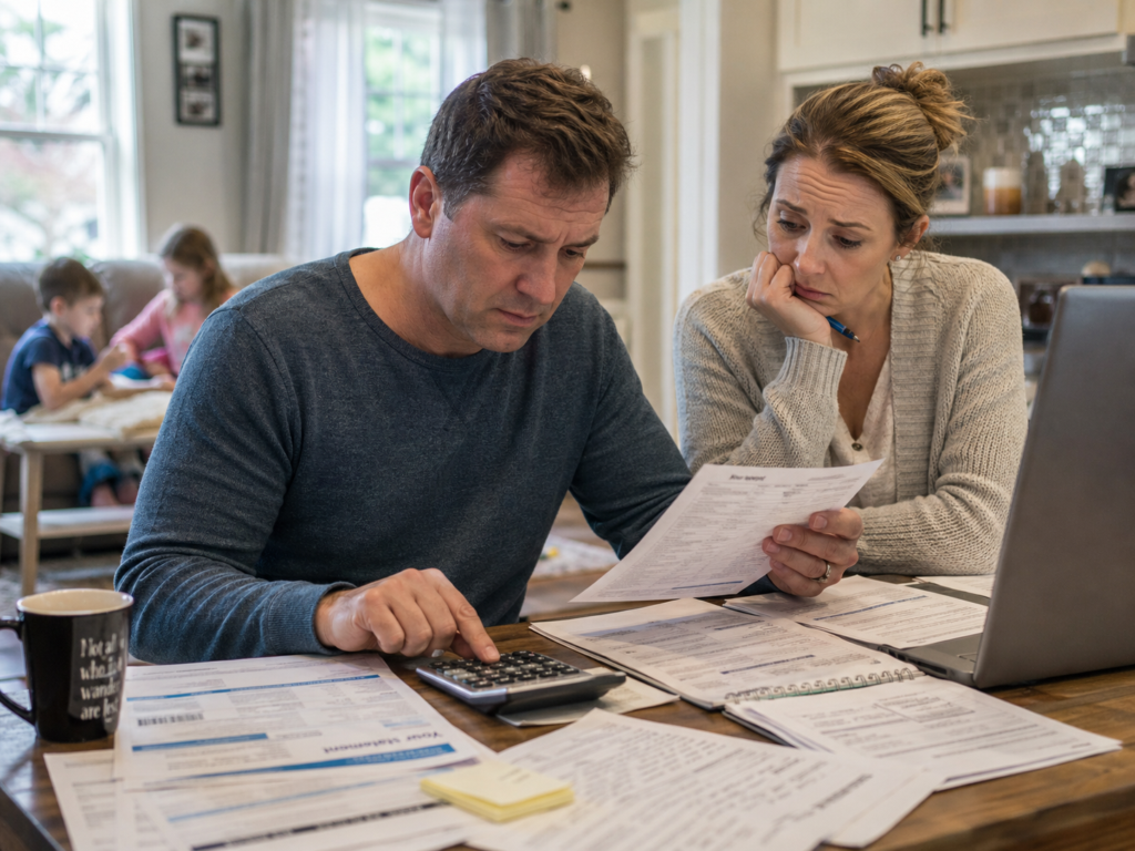 a male homeowner using a calculator to determine the debt on the home while his wife nervously looks on and children play in the background.