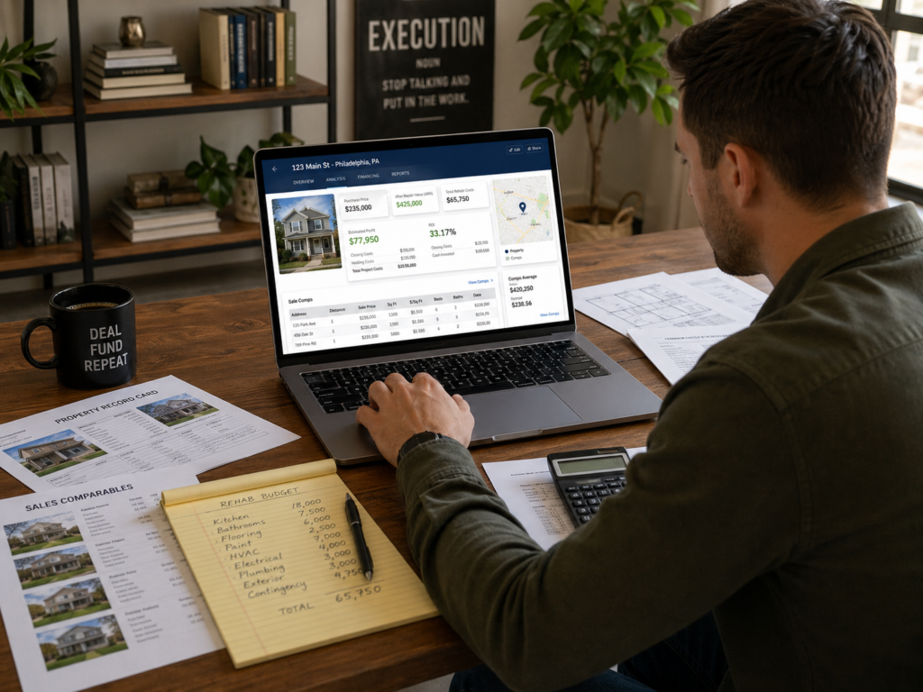 a millennial real estate investor reviewing house flipping deal analysis software on a laptop with property records, comps, and rehab budget notes