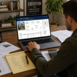 a millennial real estate investor reviewing house flipping deal analysis software on a laptop with property records, comps, and rehab budget notes