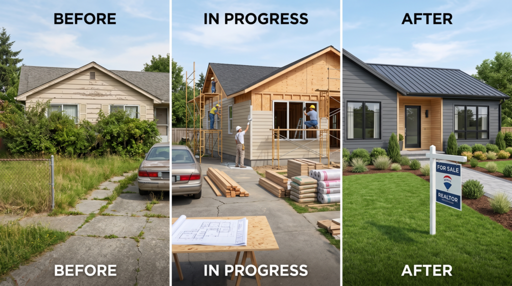 A visual progression showing the stages of a house flip, transitioning from a neglected, dated suburban house with peeling paint and overgrown greenery to a polished, modern residence. The scene incorporates subtle elements of the process, such as architectural blueprints and renovation materials in the middle section, culminating in a final high-end exterior with contemporary siding, fresh landscaping, and a prominent "For Sale" sign on the manicured lawn.