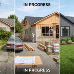 A visual progression showing the stages of a house flip, transitioning from a neglected, dated suburban house with peeling paint and overgrown greenery to a polished, modern residence. The scene incorporates subtle elements of the process, such as architectural blueprints and renovation materials in the middle section, culminating in a final high-end exterior with contemporary siding, fresh landscaping, and a prominent "For Sale" sign on the manicured lawn.