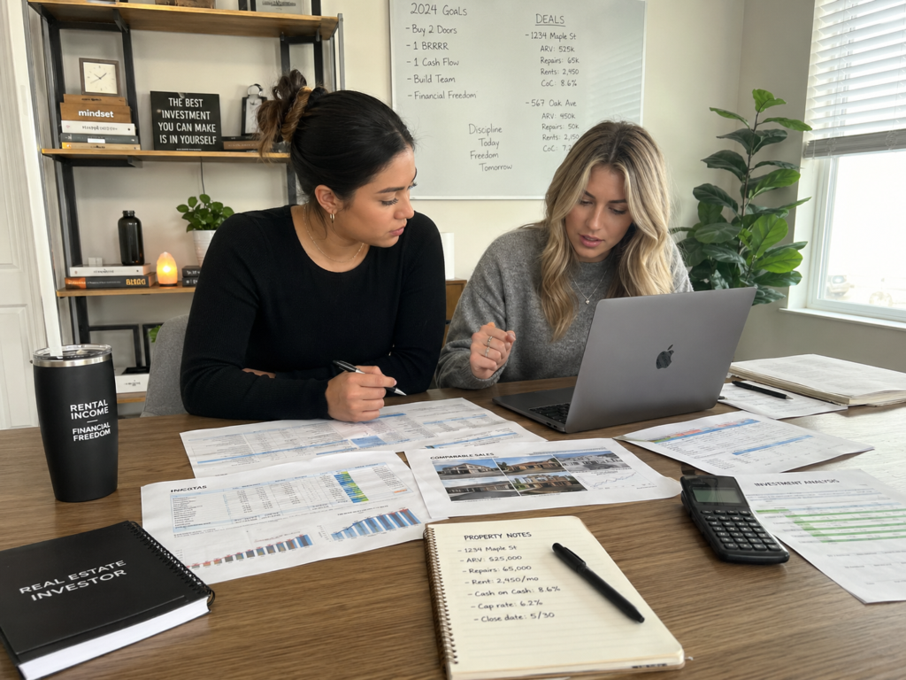 two young female Gen Z real estate investors analyzing real estate investment data in their home office
