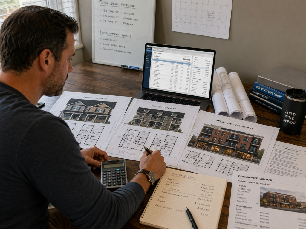 Small-scale real estate developer reviewing duplex, triplex, and mixed-use housing plans with construction budget software.