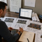 Small-scale real estate developer reviewing duplex, triplex, and mixed-use housing plans with construction budget software.