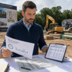 A real estate developer reviewing plans for new construction rental units with financial projections and property management reports. He is standing in front of a vacant lot with construction equipment and materials.
