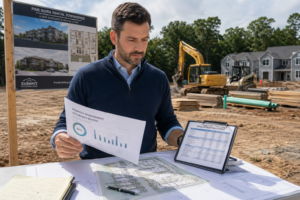 A real estate developer reviewing plans for new construction rental units with financial projections and property management reports. He is standing in front of a vacant lot with construction equipment and materials.