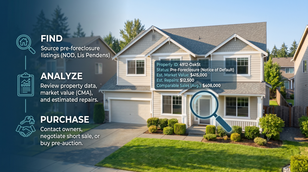 A professional and clear visualization of the pre-foreclosure investment process, focusing on a well-maintained suburban house as the central subject. Incorporate subtle visual elements representing strategy, such as a clean digital overlay displaying property data, a magnifying glass emphasizing specific details, and a checklist indicating the steps of finding, analyzing, and purchasing. The scene is illuminated with bright, natural morning light to create an optimistic and trustworthy atmosphere, using a professional color palette of deep blues and neutral tones to enhance the informative and strategic mood.