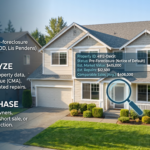 A professional and clear visualization of the pre-foreclosure investment process, focusing on a well-maintained suburban house as the central subject. Incorporate subtle visual elements representing strategy, such as a clean digital overlay displaying property data, a magnifying glass emphasizing specific details, and a checklist indicating the steps of finding, analyzing, and purchasing. The scene is illuminated with bright, natural morning light to create an optimistic and trustworthy atmosphere, using a professional color palette of deep blues and neutral tones to enhance the informative and strategic mood.