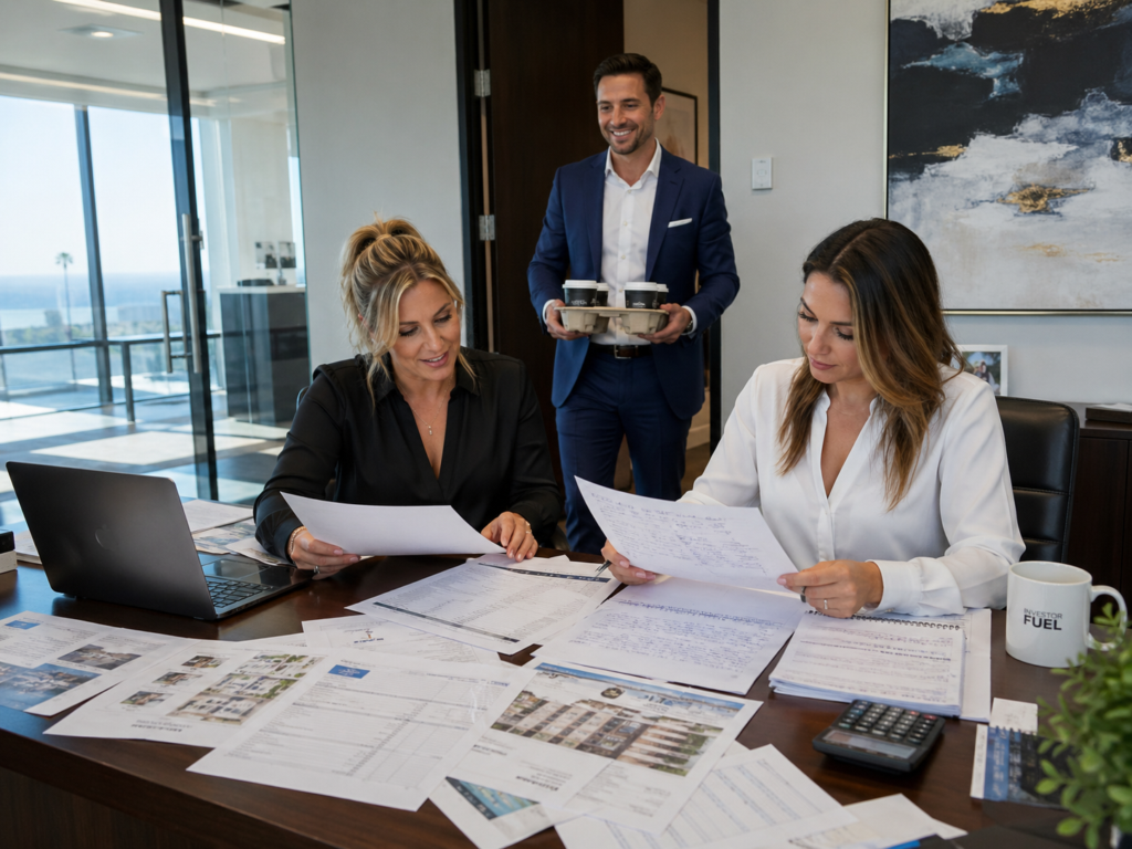 Two female investors organizing pre-foreclosure leads, property notes, and deal analysis on a desk in their executive office space. A male is entering the room with coffee for everyone.