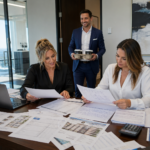 Two female investors organizing pre-foreclosure leads, property notes, and deal analysis on a desk in their executive office space. A male is entering the room with coffee for everyone.