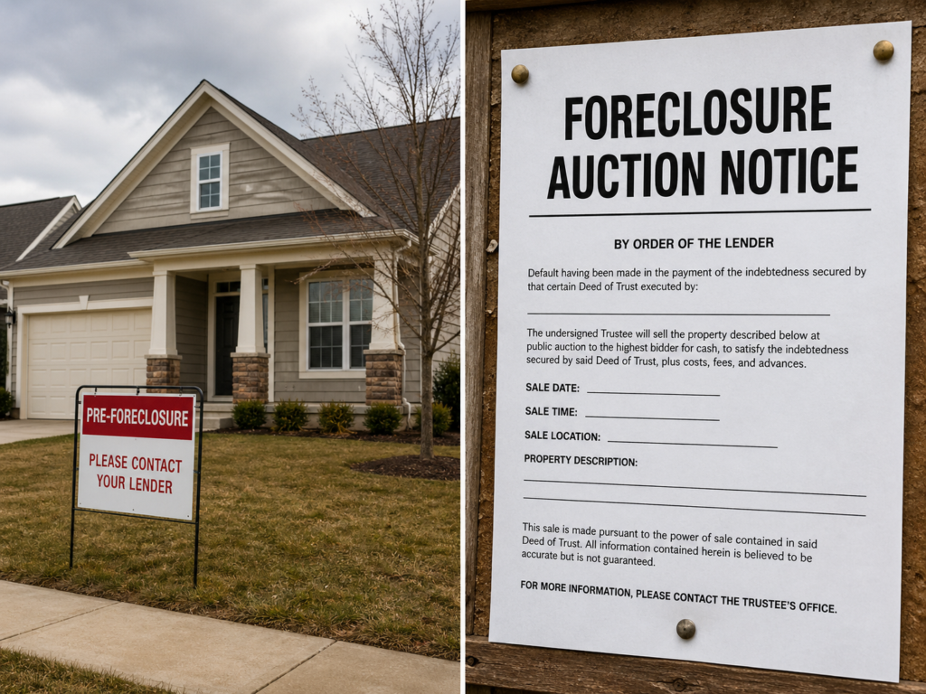 split image showing a pre-foreclosure home and a foreclosure auction notice